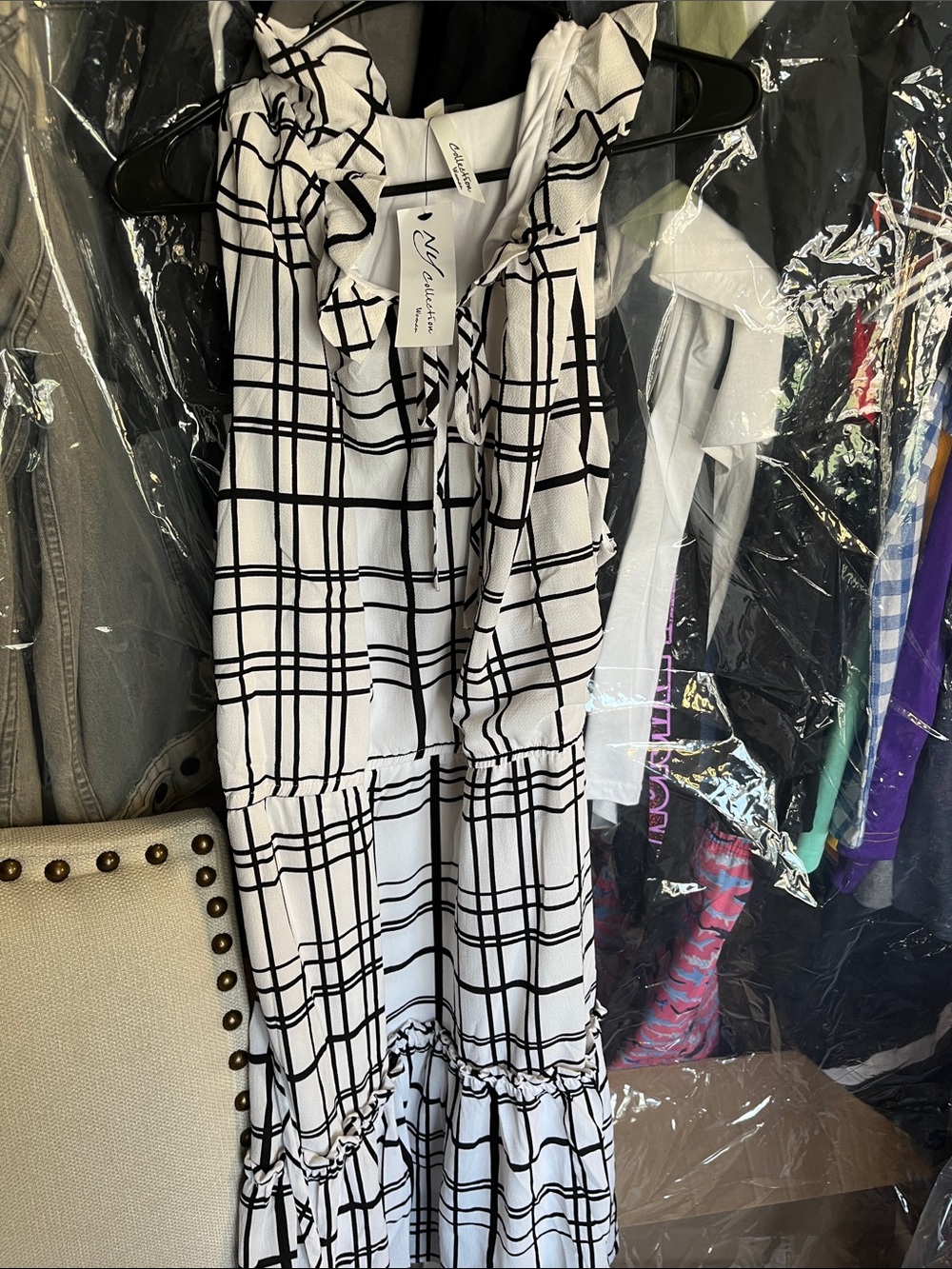 NY Collection Black & White Grid Tie-Neck Tiered Dress